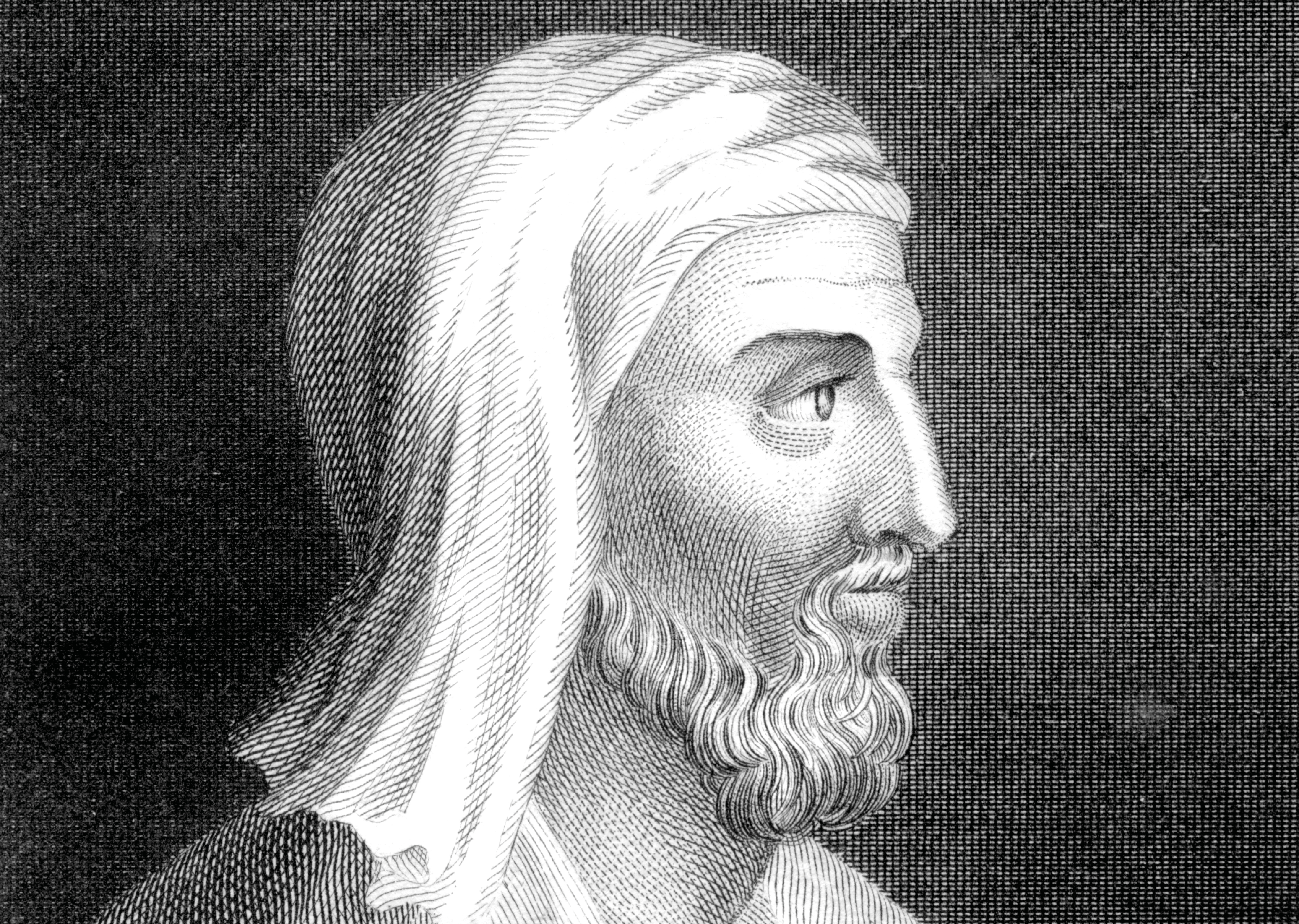 Eine Schwarz-Weiß-Zeichnung zeigt Plutarch von der Seite.