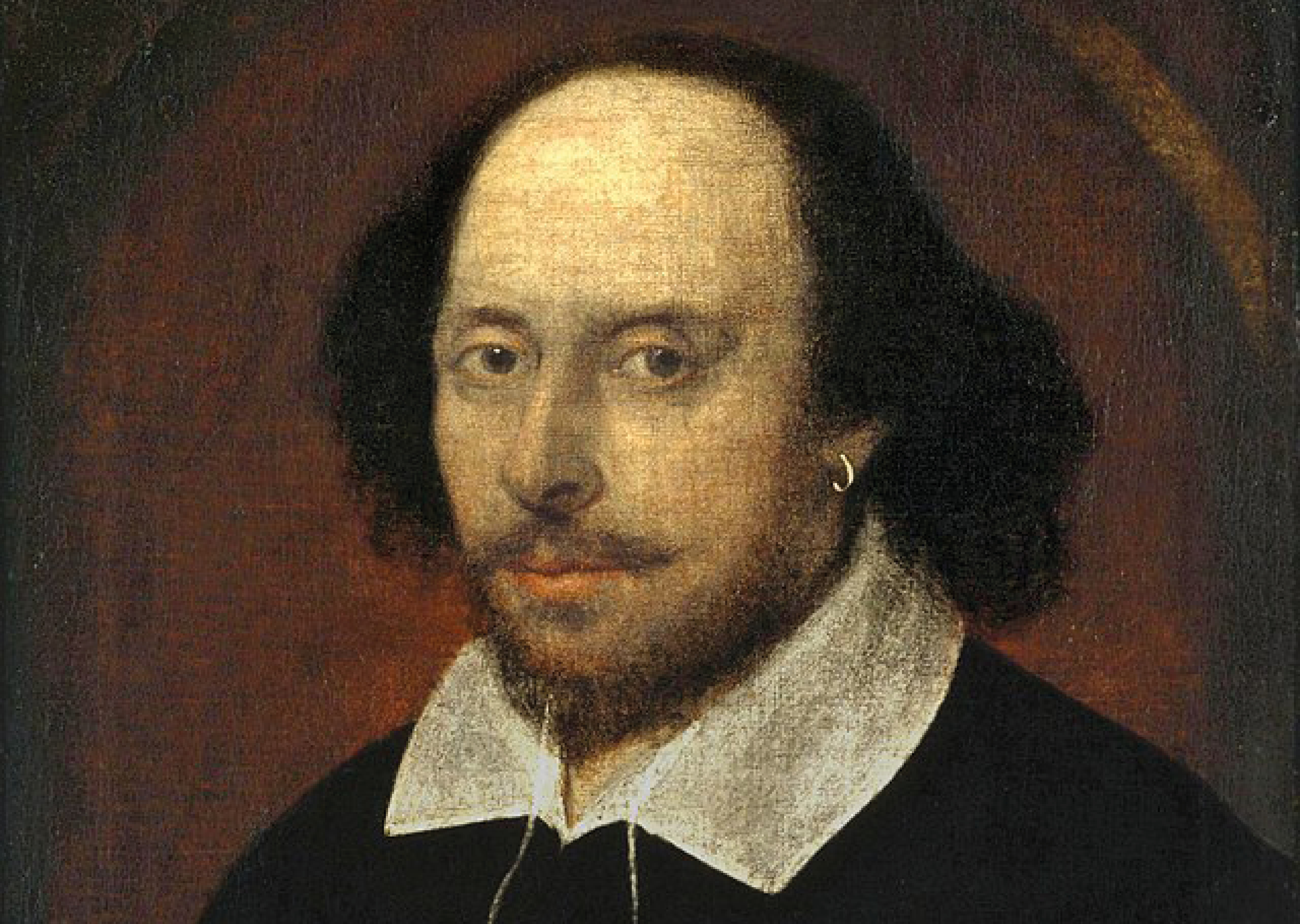 Das Porträt zeigt William Shakespeare mit mittellangem schwarzem Haar und ei-nem Drei-Tage-Bart. Er trägt ein schwarzes Oberteil mit einem weißen Kragen.