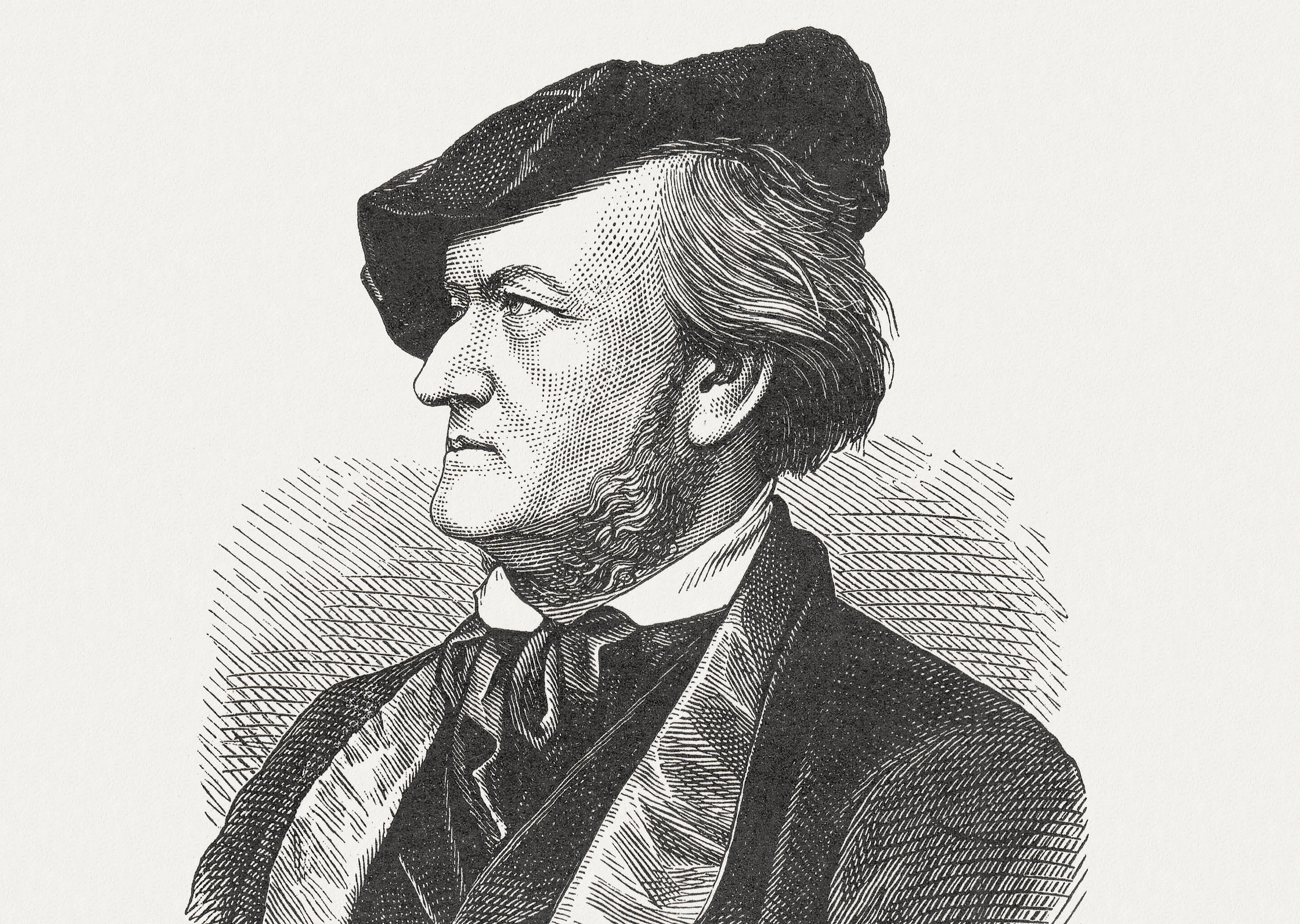 Ein Schwarz-Weiß-Porträt von Richard Wagner im Anzug und mit Baskenmütze auf dem Kopf.